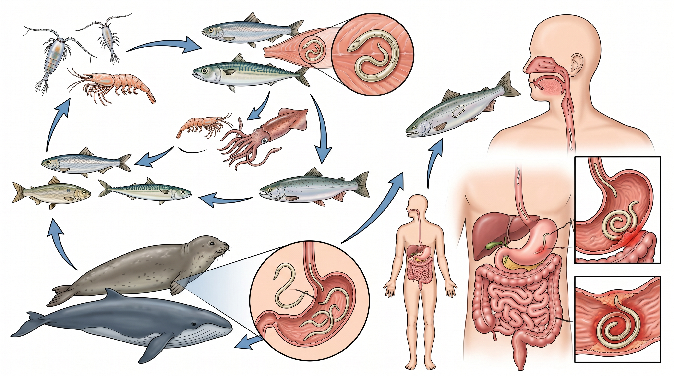 Ilustración médica del anisakis - parásito del pescado y sus síntomas
