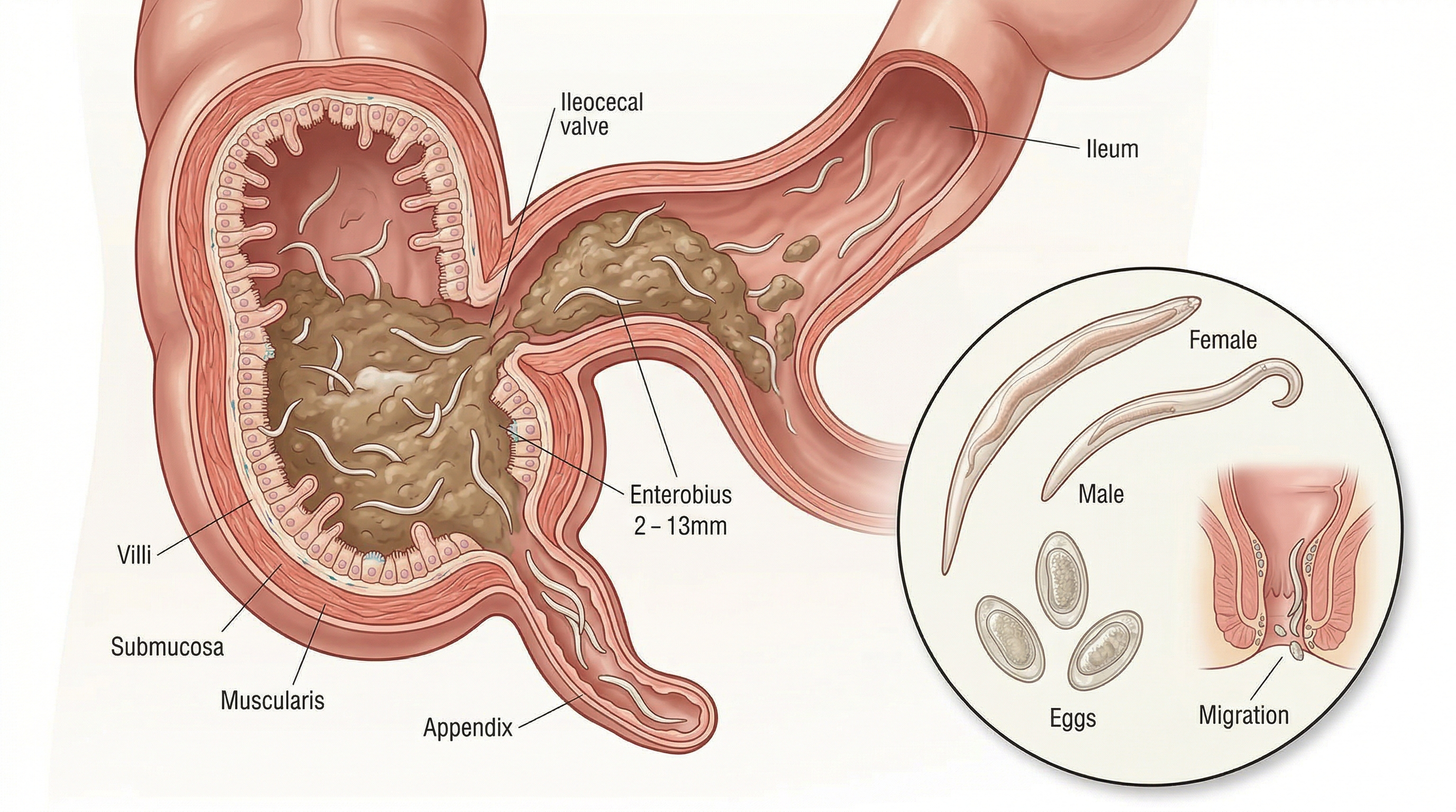 Ilustración médica de la oxiuriasis - parásito Enterobius vermicularis