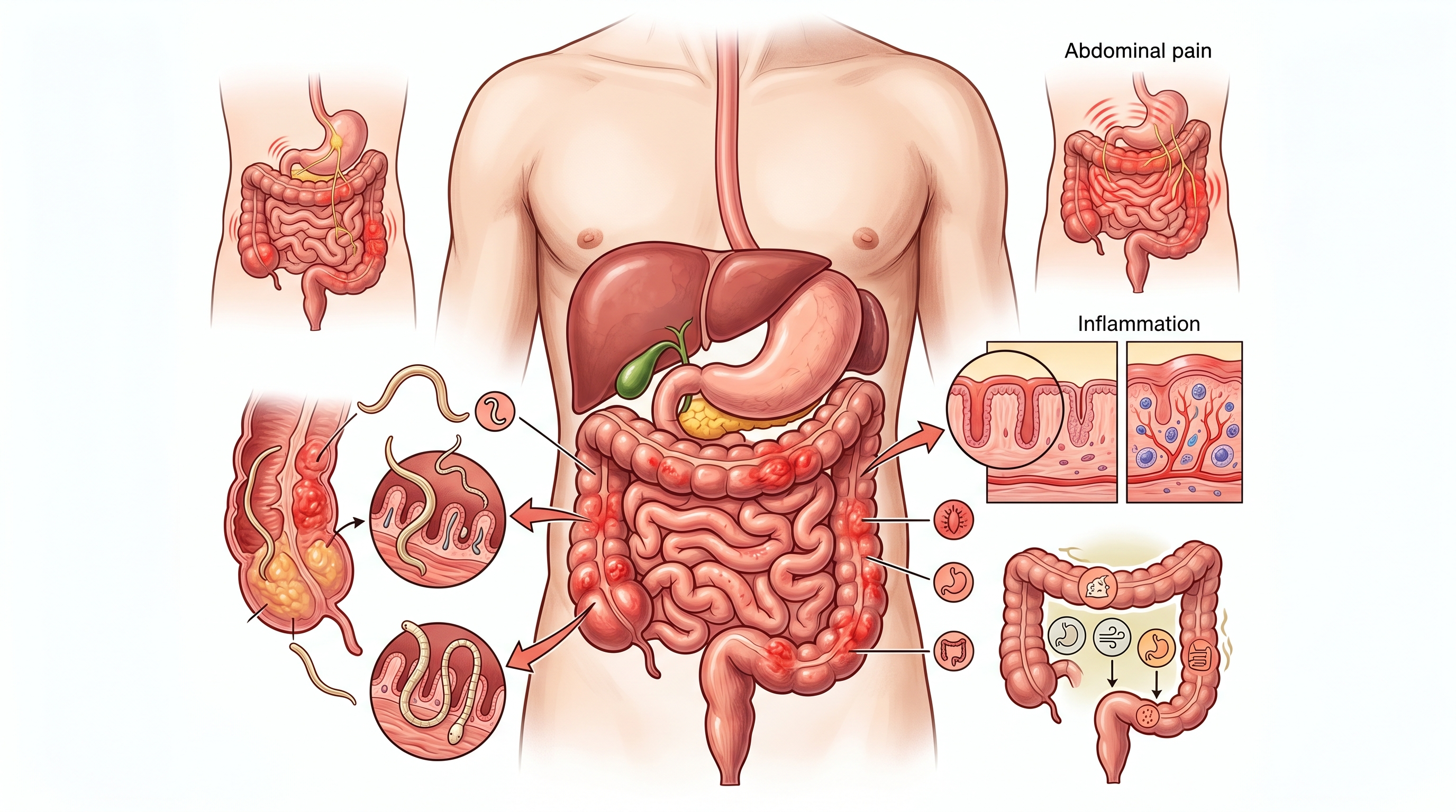 Ilustración médica síntomas de parásitos intestinales en adultos