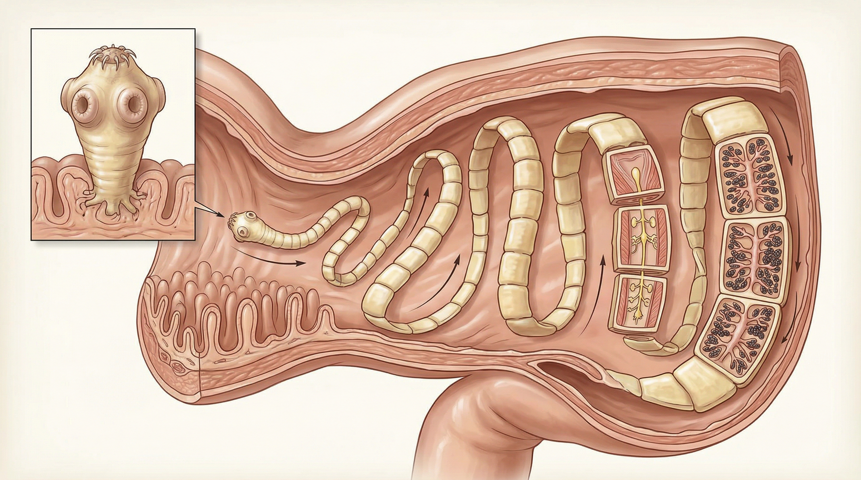 Ilustración médica de tenia solitaria - anatomía del parásito intestinal taenia
